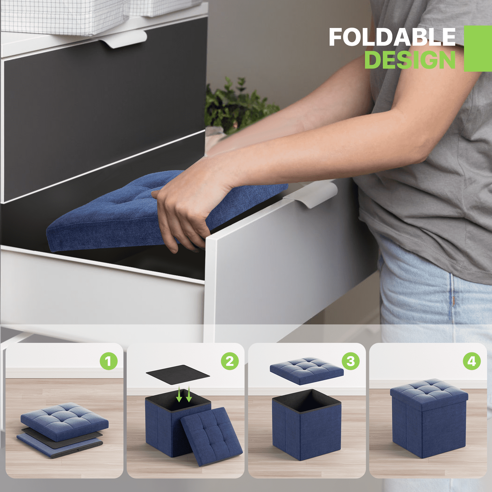 Magshion 15" Cube Folding Ottoman with Storage, Cotton-linen Collapsible Storage Ottoman Foot Stool, for Living Room Bedroom Entryway, Navy Blue