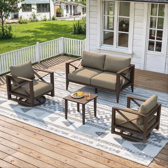 MBY Outdoor Aluminum Patio Furniture Set, 4-Seats Patio Conversation Sofa Set with 2 Swivel Rocking Chairs and 2 Coffee Tables, All Weather for Pool, Balcony, Garden-Brown