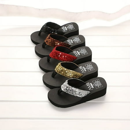 

Women s Sequins Decor Flip Flops Casual Clip Toe Platform Shoes Comfortable Beach Shoes