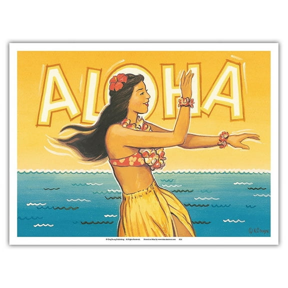 Aloha - Hawaii Hula Dancer - Vintage Hawaiian Travel Poster by Kerne Erickson - Master Art Print (Unframed) 9in x 12in