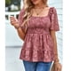 thumbnail image 2 of Camiseta de manga corta con estampado de flores para mujer, dobladillo con volantes, busto fruncido elástico, camiseta de verano, rosa, blanco, 2 of 6