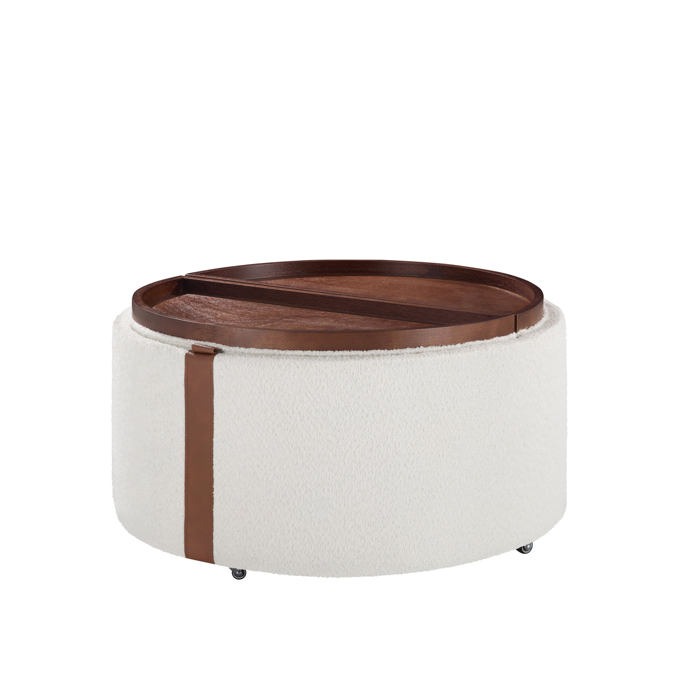 Noble House 29" Round Mobile Storage Ottoman with Dual Reversible Lids and Wheels, Boucle Upholstered Footrest, Beigr