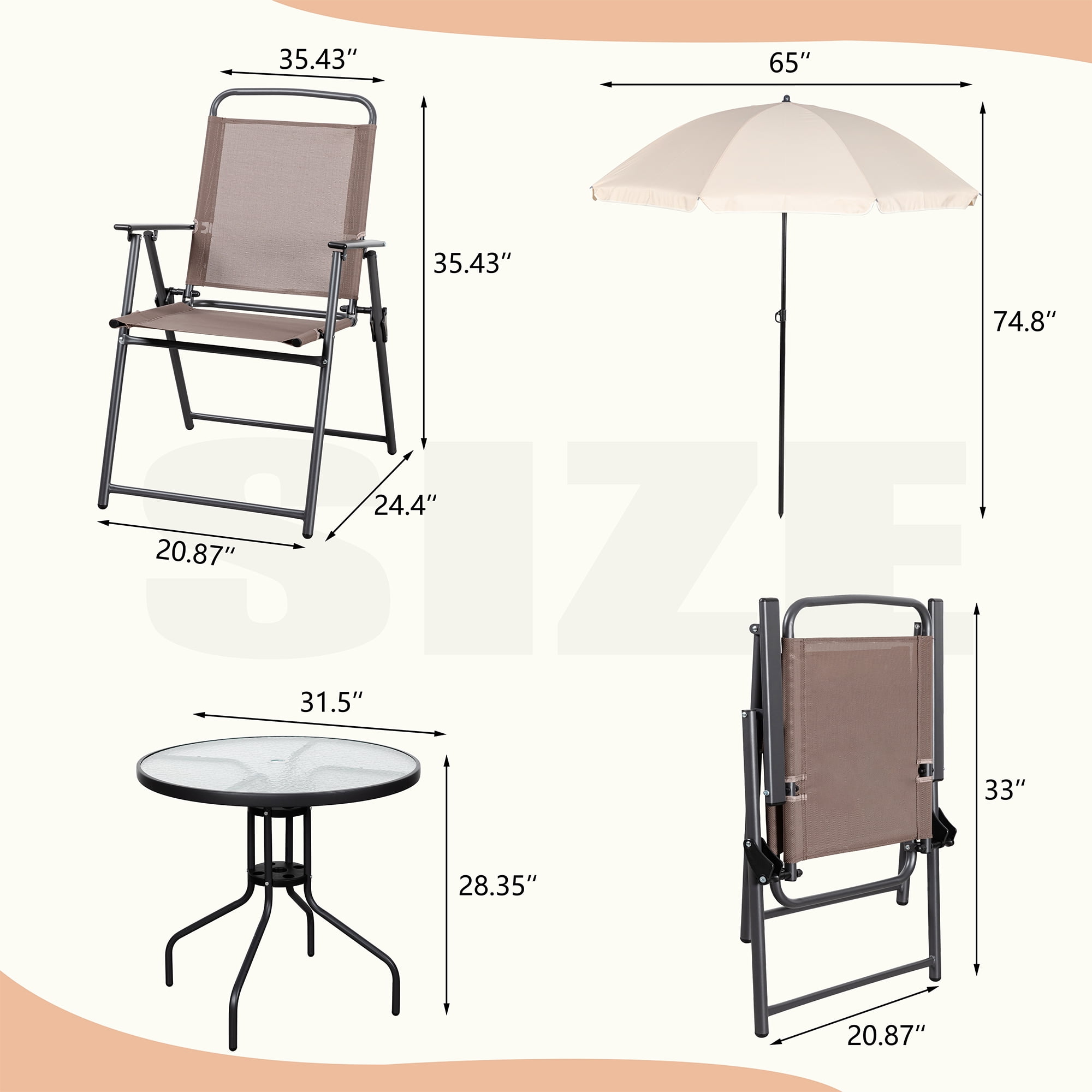 Walsunny 6 Piece Patio Furniture Set with Umbrella, Outdoor Patio Dining Set with 4 Folding Chairs and Tempered Glass Dining Table, Brown