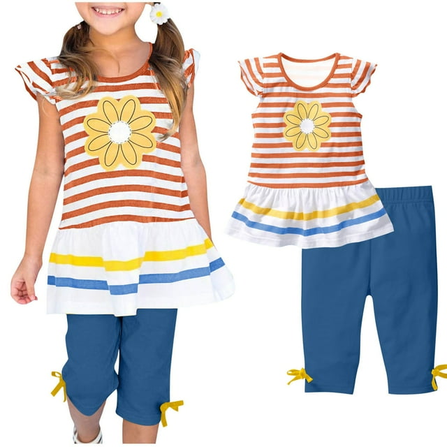 DecSea Toddler Striped Set, Sunflowers Printed Tee with Flying Sleeves & Pants with Detachable Bow