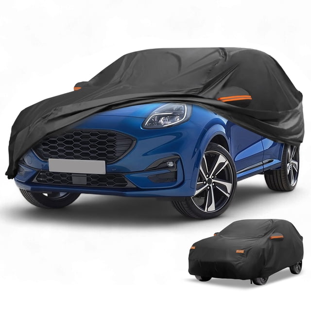 Funda para automóvil impermeable Unique Bargains para protección contra todo tipo de clima, sol y lluvia, cubierta exterior completa para Ford Puma 2019-2023 210D-PU negra con franjas reflectantes