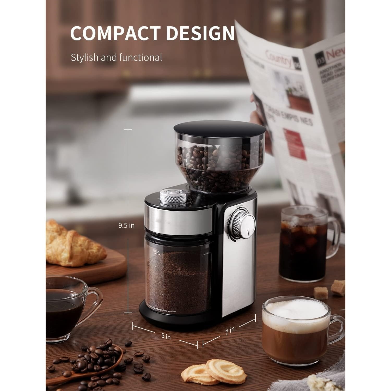 Burr Coffee Bean Grinder Electric, Adjustable Burr Mill with 16 Precise Grind Setting for 2-14 Cup, Silver