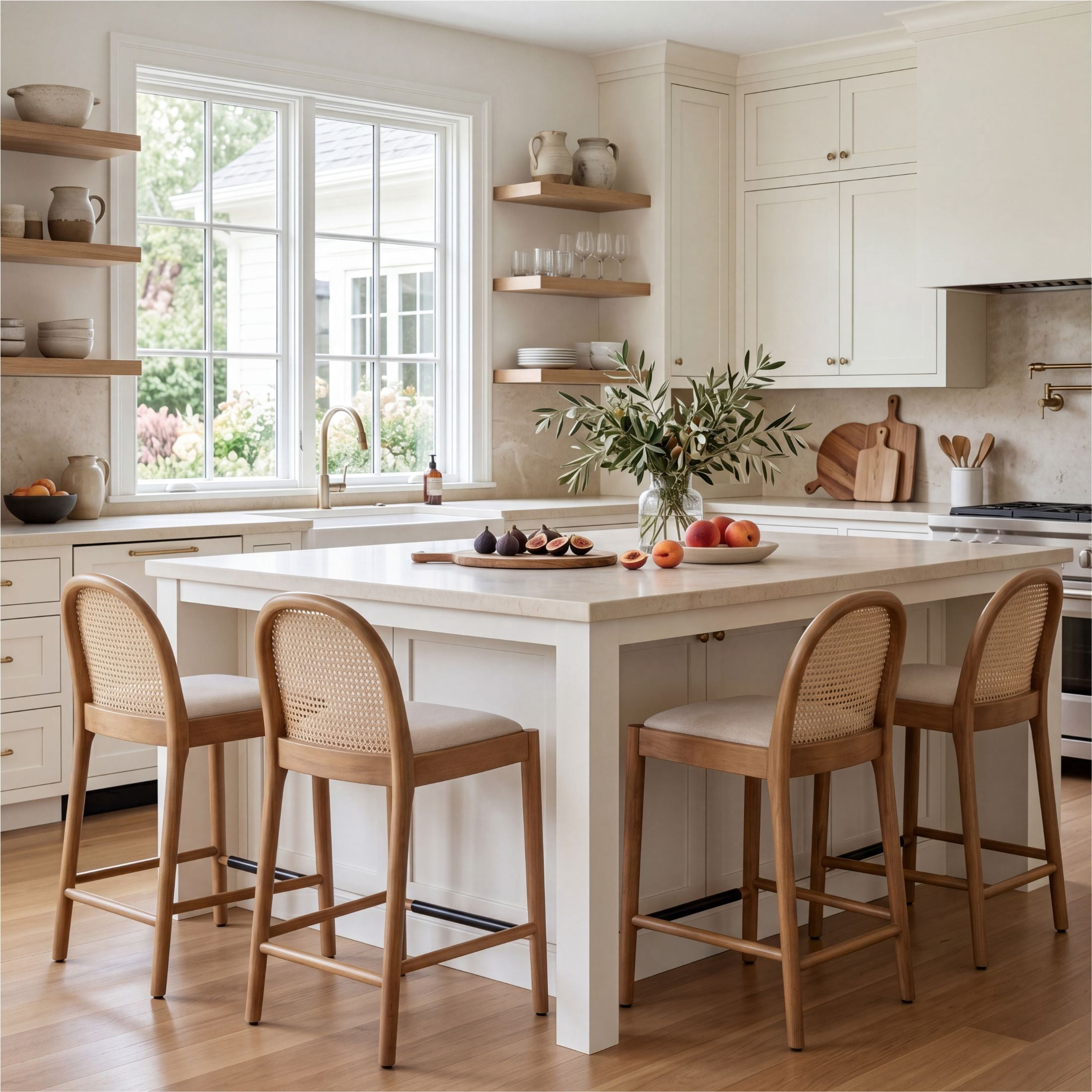 Guyou Modern Bar Stools Set of 2, 26" Counter Height Bar Stools with Natural Rattan Back and Solid Wood Frame, Linen Upholstered Kitchen Island Chairs for Bar Island Cafe Kitchen, Beige