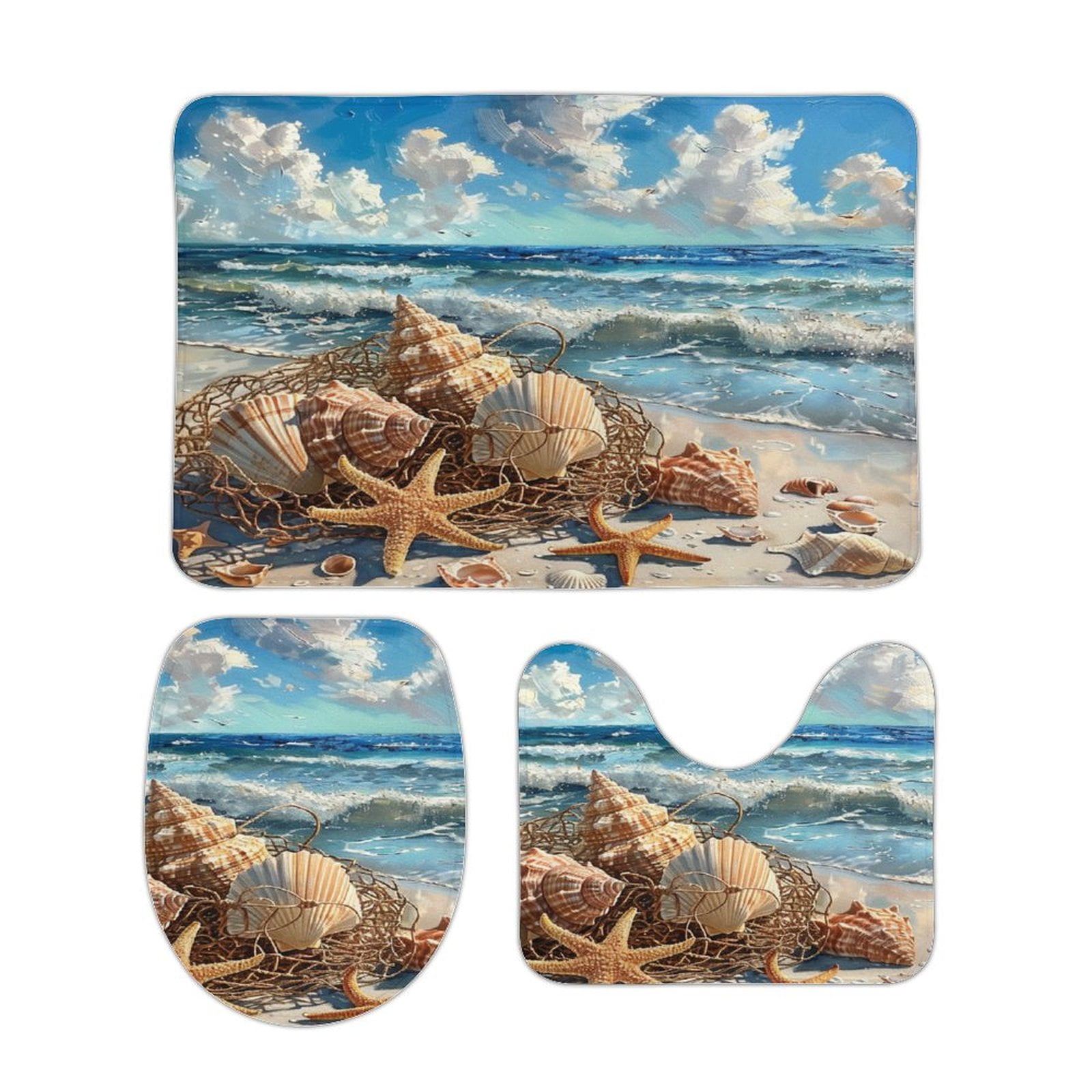 Beach Seashell Starfish Bathroom Rug Set of 3, No Silp Washable Cover Floor Rug Decorations for Kitchen Bathroom Bedroom