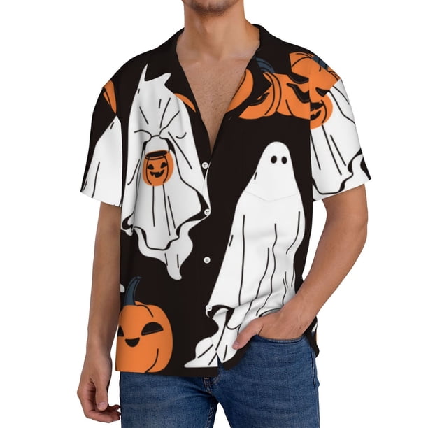 Fotbe Halloween Ghosts And Pumpkins Camisa Estampada de Manga Corta para Hombre, Casual de Verano, Estilo Playero, Sin Arrugas-Medium