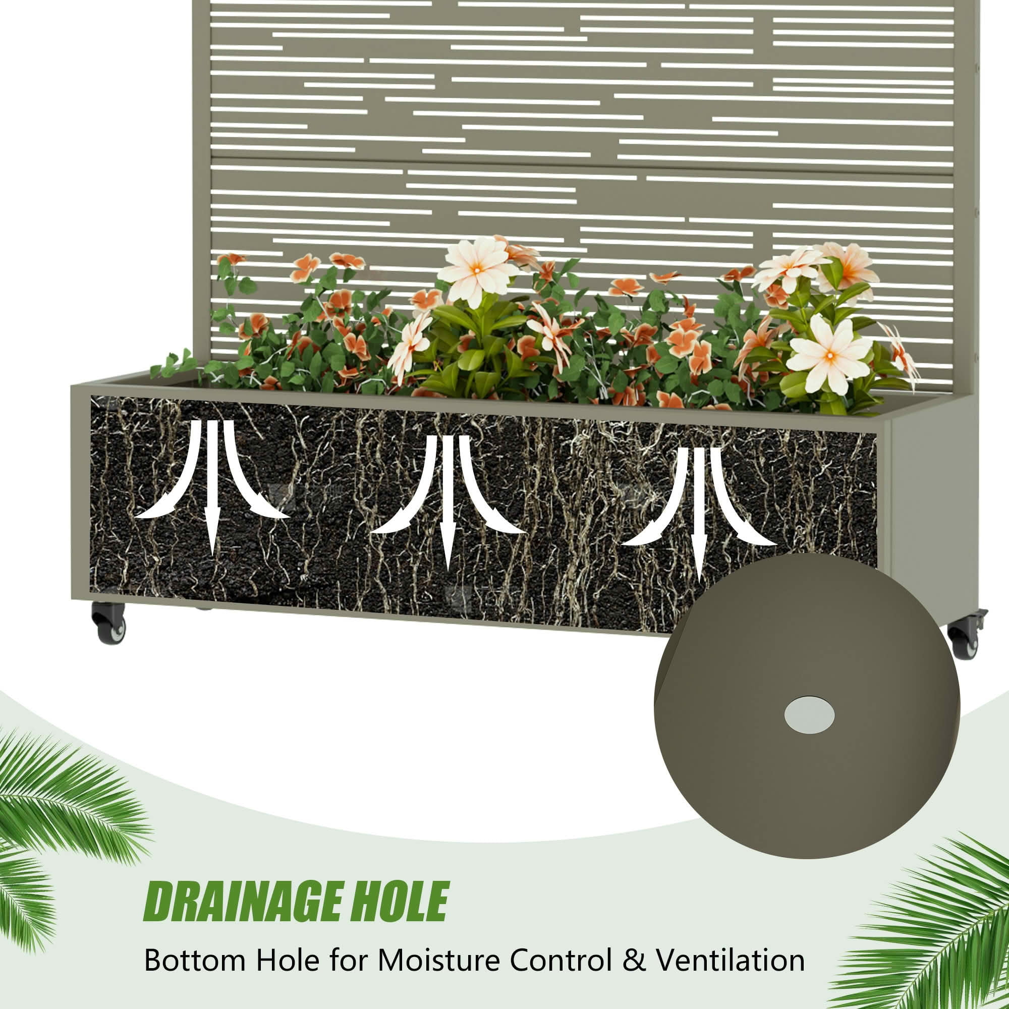 MAYEERTY 72X47" Metal Outdoor Olive Gray Privacy Screen with Planter Box for Backyard & Garden, 5 Piece Set