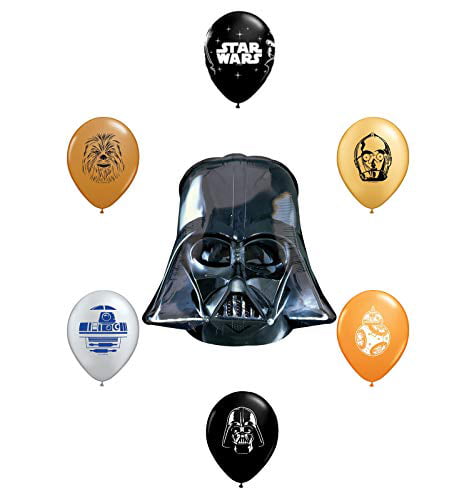25&quot; Darth Vader Helmet Foil Balloon and 6pc Star Wars 11&quot; Character Print Latex Balloons Chewbacca, Darth Vader, C3PO, R2D2, BB8, Yoda