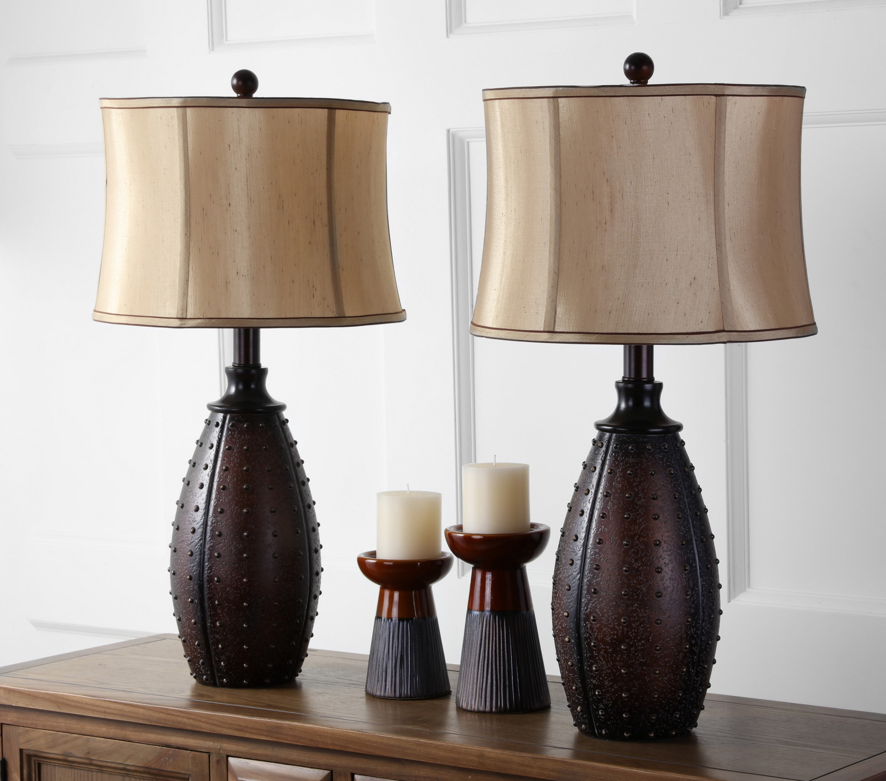 SAFAVIEH Santa 28 in. Brown Resin Table Lamp with Beige Polyester Shade, Set of 2