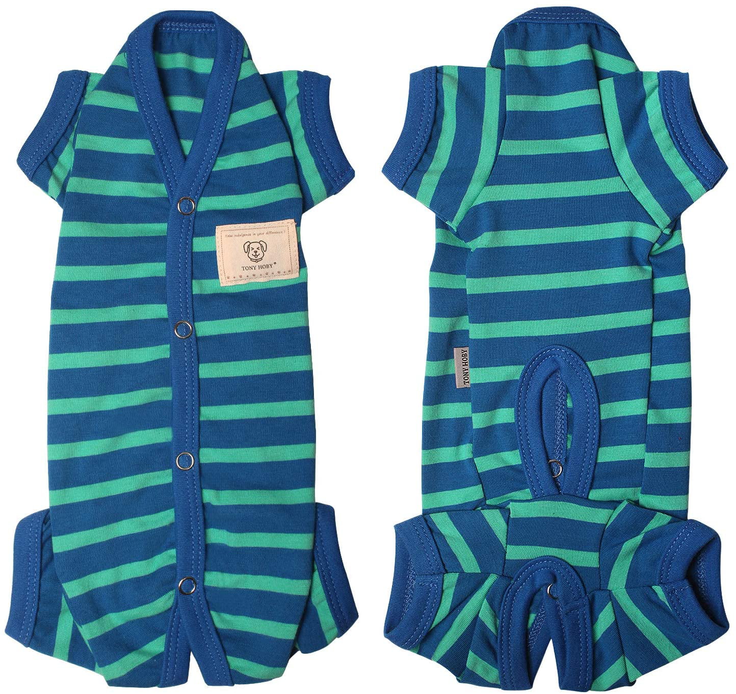 Blue+Green-Girls M TONY HOBY Female/Male Pet Clothes Dog Stripes 4 Legged Pajamas Dog pjs Jumpsuit Soft Cotton for Summer 