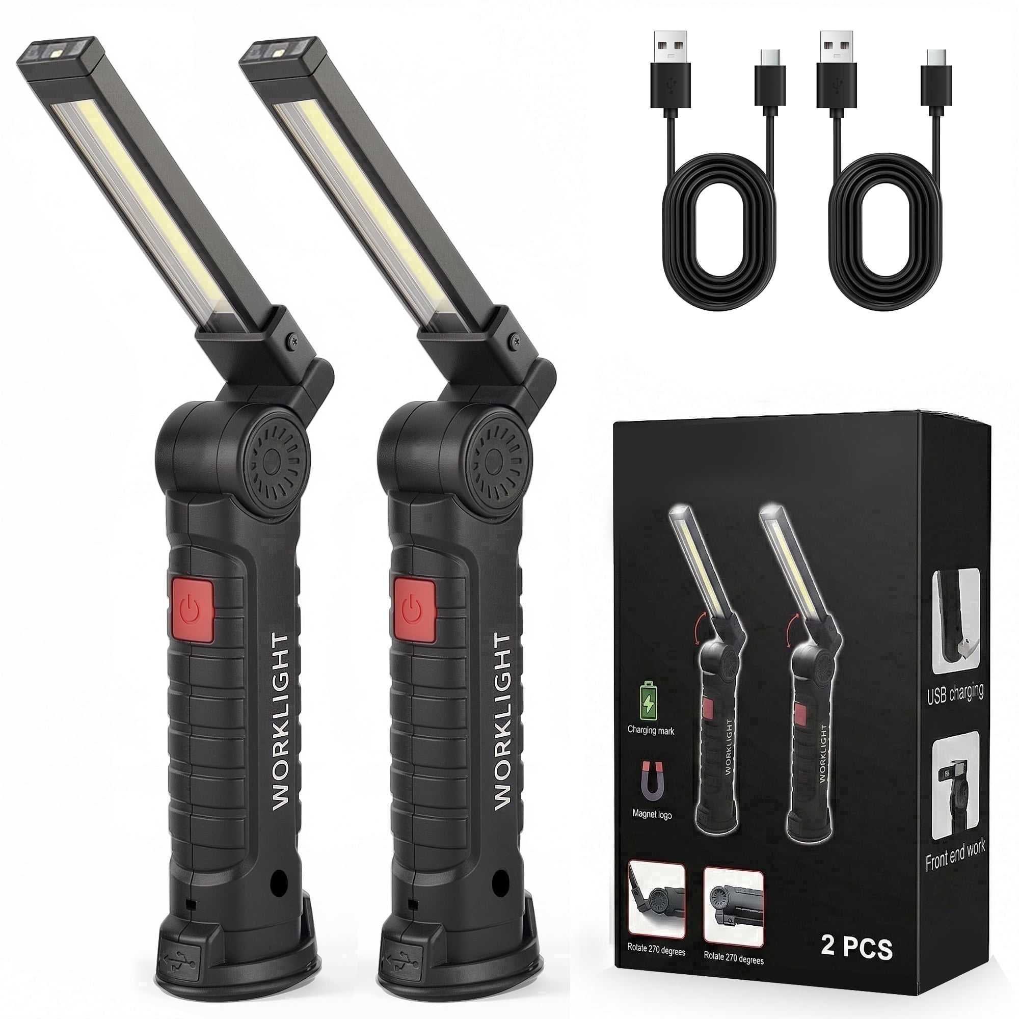 AOLIGO LED Work Light 2 Pack, Rechargeable COB Flashlight with 5 Modes, Magnetic Base and Hook, 360° Rotate, Foldable Portable Waterproof Light for Workshop, Camping, Emergency