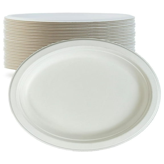 Pack of 125 Oval Plates Biodegradable Sugarcane Plates Microwavable Heavy Duty Large Plates (10 x 8 inch), White, B101CW-P