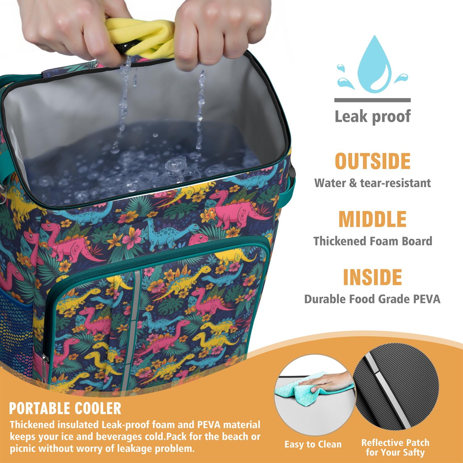 Travel Cooler Bag - Colorful Dinosaurs Tropical Floral Pattern Camping Beer Cooler Backpack with Bottle Opener- Waterproof Insulated Picnic Backpacks - Cooler Bag for Beach