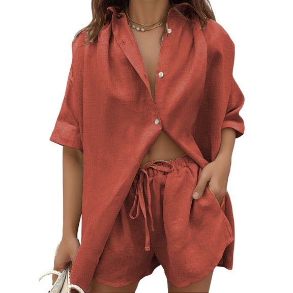 Women 2 Piece Outfit Summer Short Sleeve Top and Shorts Sweatsuit Set Brick Red S