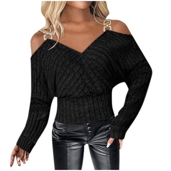 Perfectbot Womens Casual Sweaters Off Shoulder V Neck Long Sleeve Tops Corset Ribbed Knit Fashion Shirt