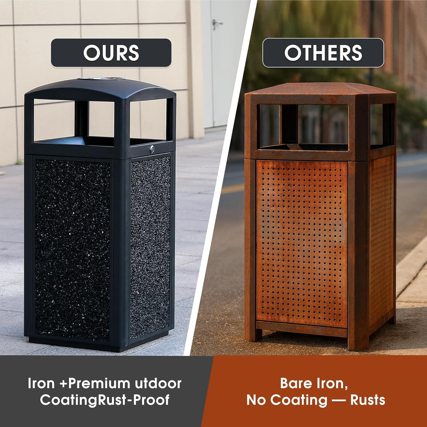 BERPET 15 Gallon Commercial Outdoor Trash Can with Ashtray Top, Steel Waste Receptacle with Stone Panels, Removable Liner and Locking Door