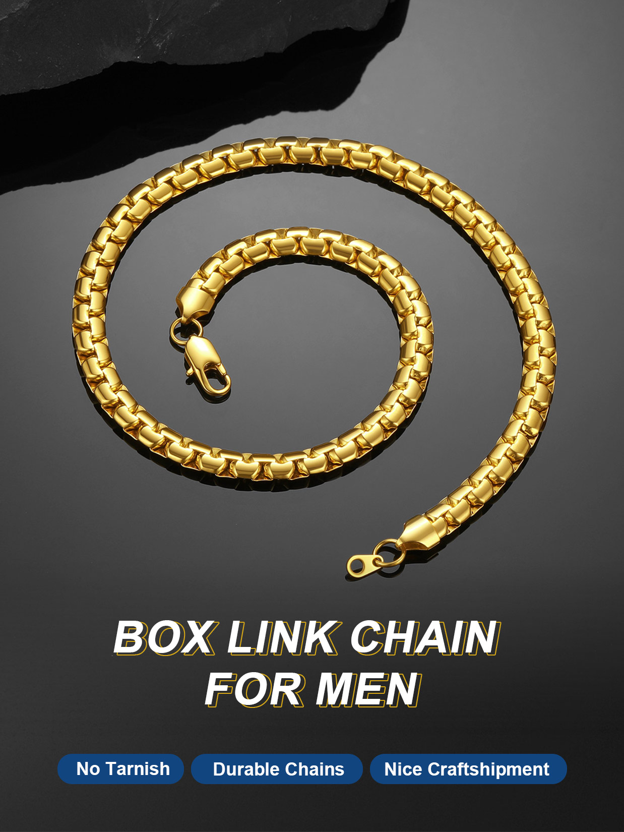 ChainsProMax Gold Plated Flat Box Chain for Men Necklace Stainless Steel 24inch 8mm Hip Hop Jewelry Fathers Day Gift for Dad Son