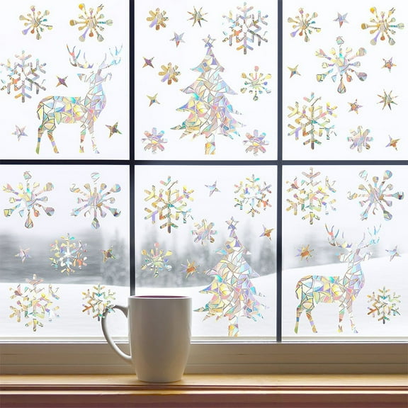 2 Sheets/50 Piece Christmas Snowflakes Window Clings, Anti-Collision Decals to Save Birds from Window Collisions, Static Cling Window Sticker, Rainbow Stickers