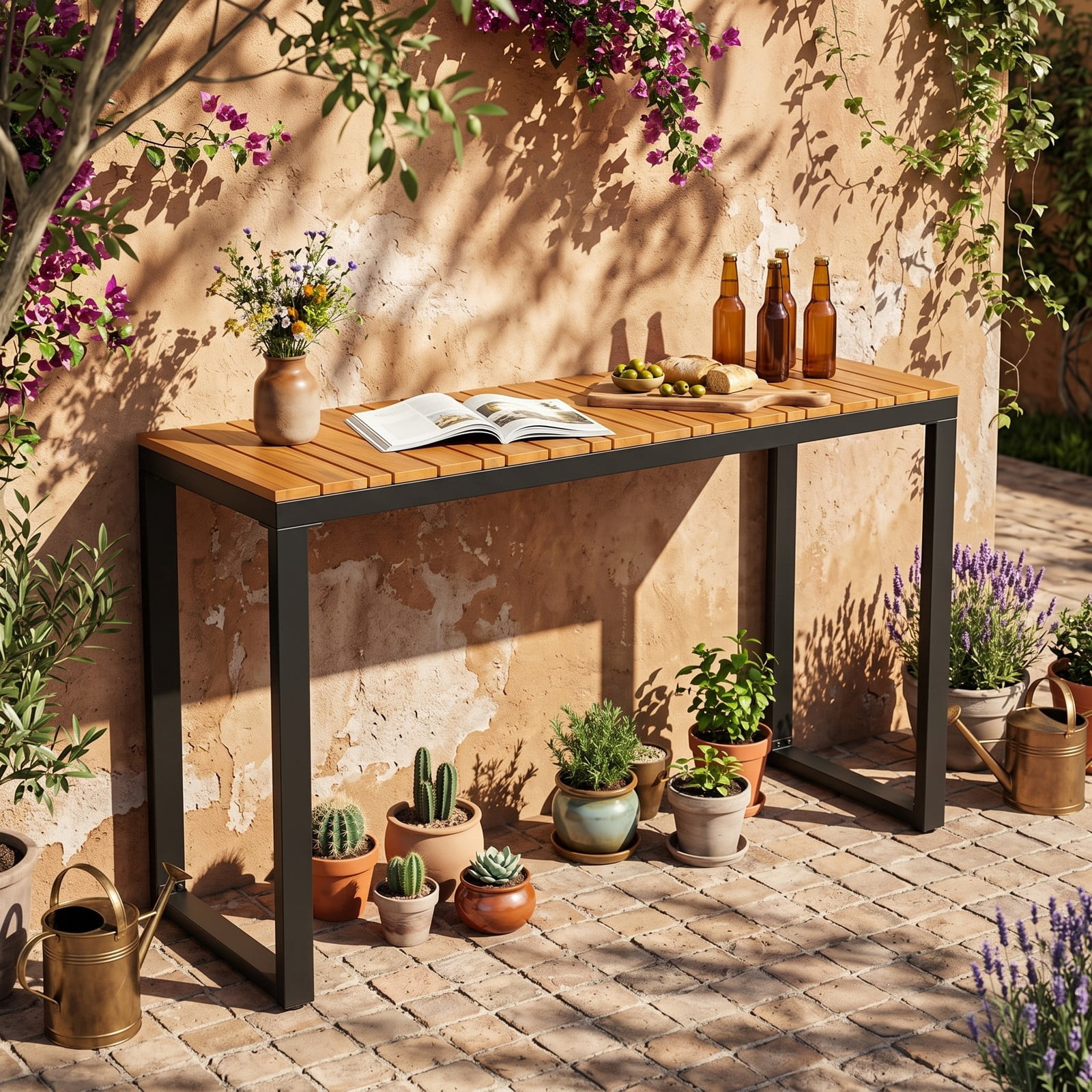 Furnibear Outdoor Rectangle Console Table with Slatted Acacia Wood Tabletop and Metal Frame for Patio and Living Room, Natural