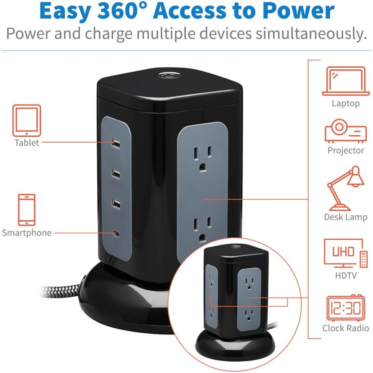 Tripp Lite Surge Protector Tower 6-Outlet 3x USB-A 1x USB C Black TLP606UCTOWER