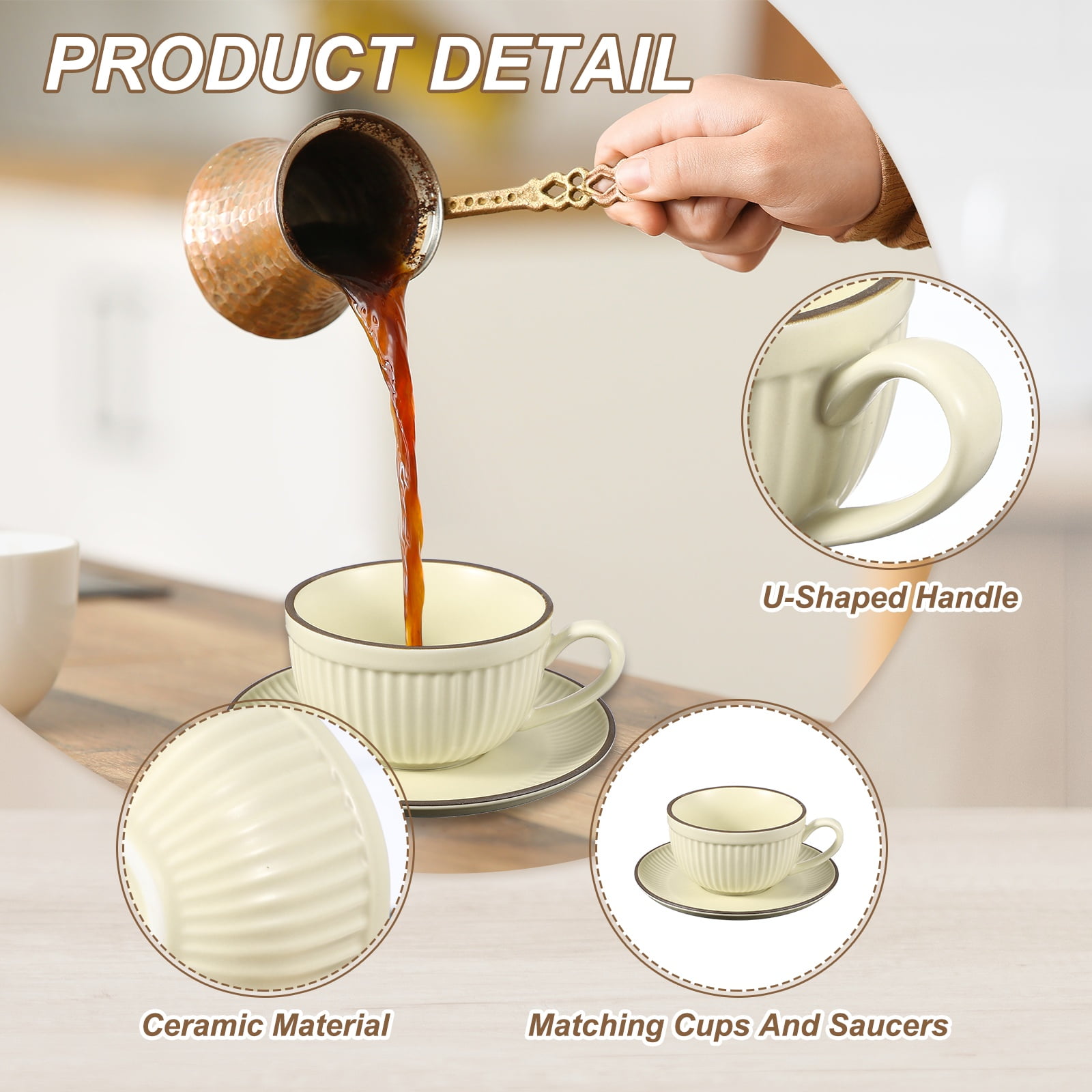 Uxcell Handmade Vintage Espresso Cups, 9.5 oz Stripe Coffee Cups and Saucers Ceramic Tea Cup with Handle Dishwasher and Microwave Safe for Latte Cappuccino Milk Office Home Gifts, Beige