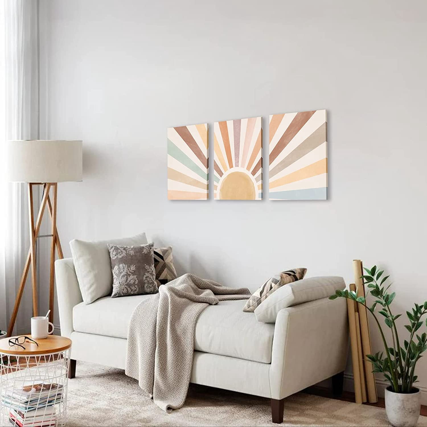 Boho Sun Wall Art Set of 3 Framed Canvas Wall Art Rainbow Sun Rising on the Horizon Geometric Nature Illustrations Line Art Wall Mid-Century Modern Prints Boho Wall Decor 12"x16" Watercolor