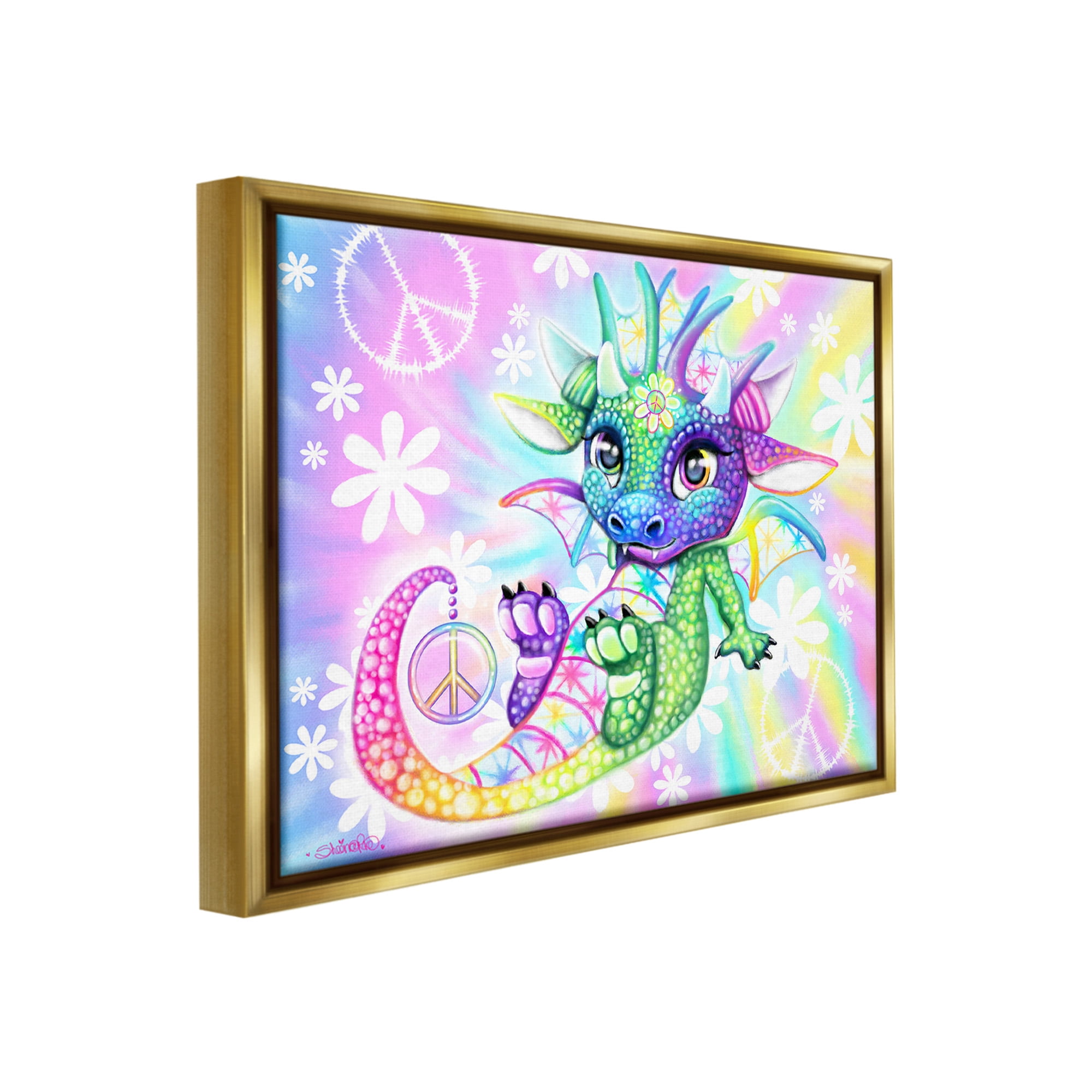 Stupell Industries Groovy Dragon Pattern Fairy Tales & Fantasy Painting Gold Floater Framed Canvas Art Print Wall Art, 31 x 25