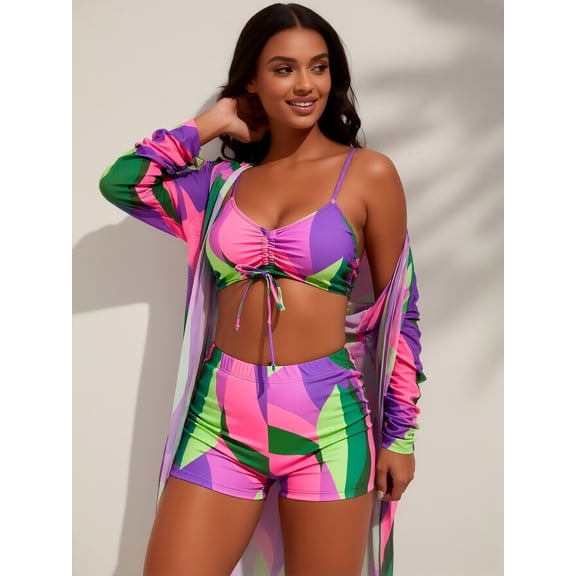Women's Plus Size 3 Piece Swimsuit Set, Tropical Color Block Print Drawstring Bikini with Cover Up