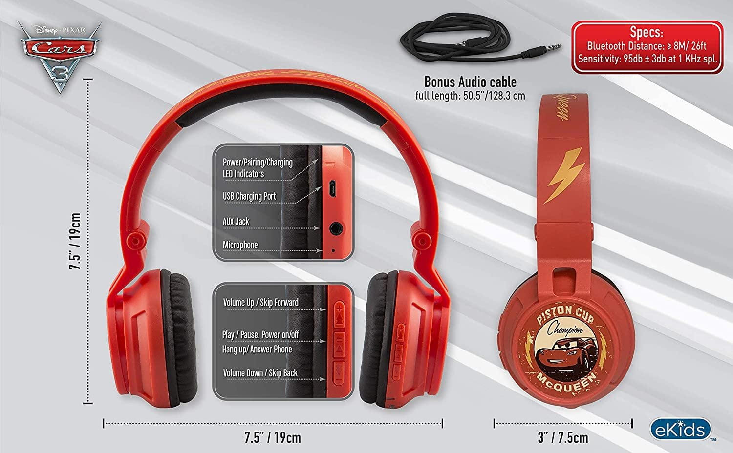 Cars 3 Bluetooth Headphones Disney Pixar Movie Wireless Kid Friendly Sound with Lightning McQueen Graphics