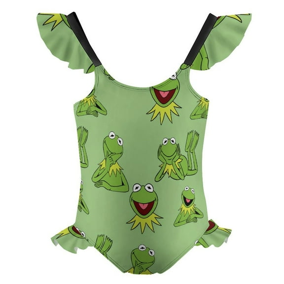 Girls Ke-Rmit The Fro One Piece Swimsuit Kids Cute Ruffle Bathing Suit Cartoon Swimwear