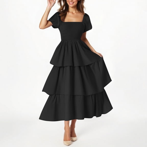 Guieoi Womens Dresses Plus Size 2026 New Trendy Summer Short Sleeve Square Neck Short Sleeve Dress Black XL