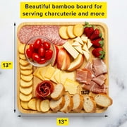 Tasty Natural Bamboo Cheese Board and Charcuterie Tray with Hidden Drawer, Utensils, Markers, and Chalk, 13 x 13