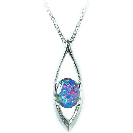 Australian Triplet Opal Necklace - 14x10mm FireOpal - Genuine Triplets Opal Necklace Pendant in Sterling Silver White Gold Plated Women's Jewelry