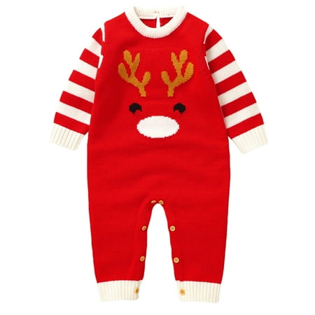 

Baby Girls Boys Christmas Knit Romper Elk Pattern Stripe Long Sleeves Round Neck Full Length Jumpsuit