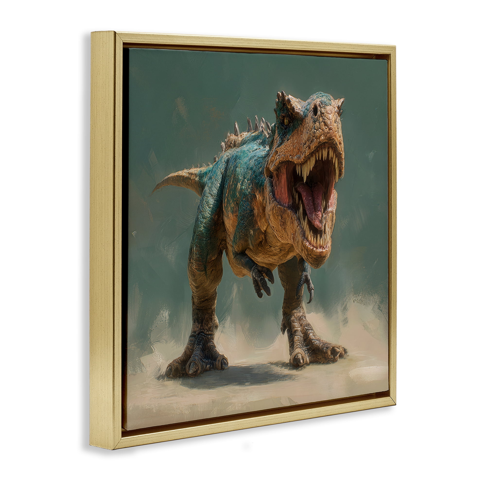 Stupell Industries Roaring T-Rex in Green Gold Framed Floater Canvas Wall Art, design by Wumples
