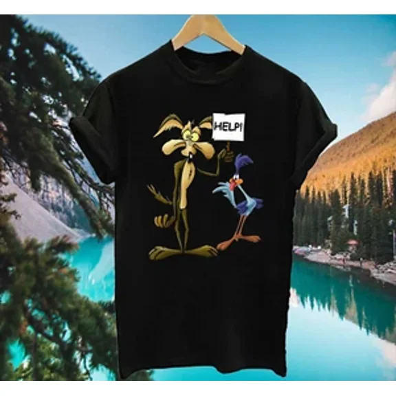 RARE Funny Wile E Coyote and the Road Runner Help T Shirt S-5XL Black
