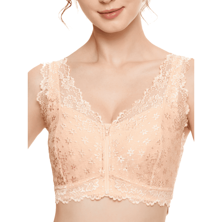 BIMEI Women's Mastectomy Bra Vest Front Zipper Pocketed Bra Push up Full  Cup Sexy lace Bras Wireless Gather Bralette,Beige,2XL