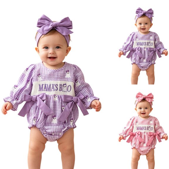 CAIXIA Baby Girl Halloween Outfit Long Sleeve Plaid Bow Snap Bodysuit Romper Onesie Jumpsuit Stretchy Clothes Casual Dress Up Outfit