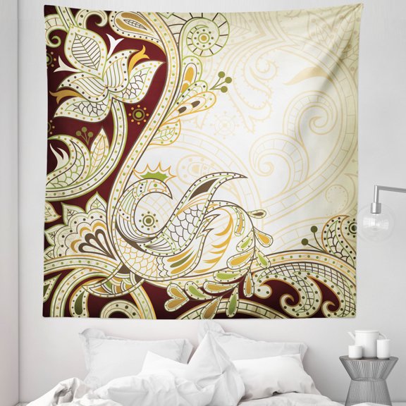 Ethnic Tapestry, Oriental Floral Leaf Pattern with Middle Eastern Design, Fabric Wall Hanging Decor for Bedroom Living Room Dorm, 5 Sizes, Grey Yellow Chocolate, by Ambesonne
