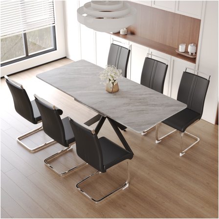 JERFIT Expandable Dining Table Set for 8 with Chairs, Modern X-Base Kitchen Table in Black and Gray for Dining Room