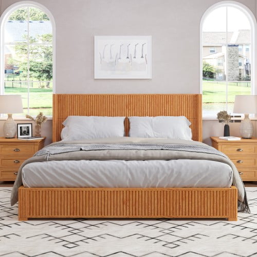 84.21" King Platform Bed Frame, Solid Wood, Wingback Headboard, No Box Spring Needed, Easy Assembly for Bedroom, Natural