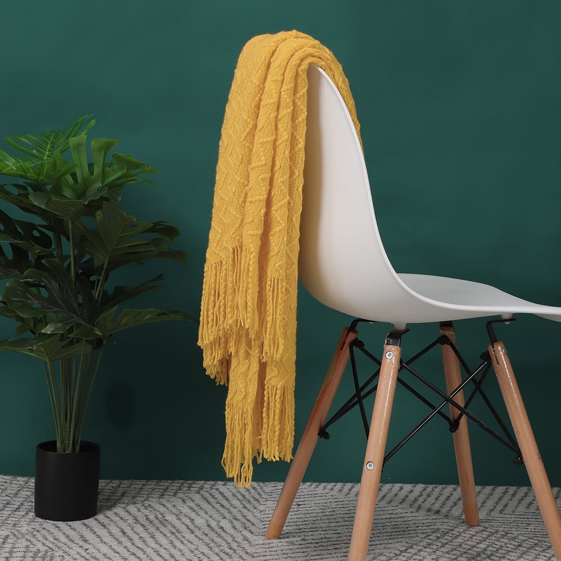 Unique Bargains Fringe Knitted Decorative Throw Blanket, 50"x 60", Yellow