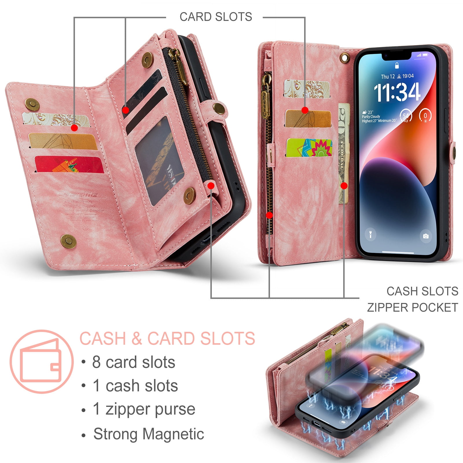 Samsung Galaxy A53 5G Wallet Case for Women Men, Dteck Heavy Duty PU Leather Flip Case Detachable Phone Cover with 8 Card Slots Zipper Purse with Wrist Strap for Samsung Galaxy A53 5G,Pink
