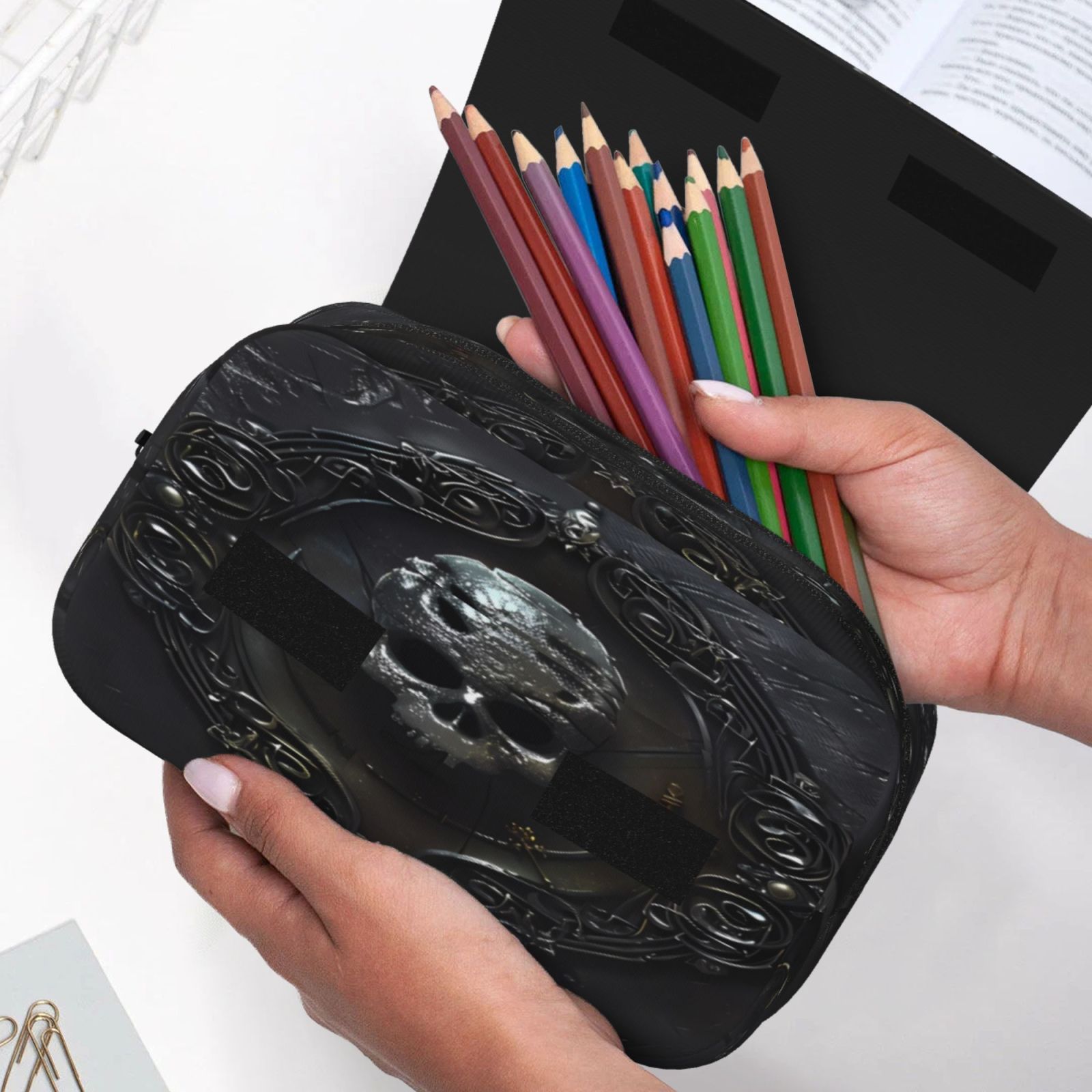 Rateoe Ornate Dark Skull Book Pattern Double Clamshell Pen Case, Storage Organizer with Two Zipper Compartments– Holds Up to 50 Pencils & Pens