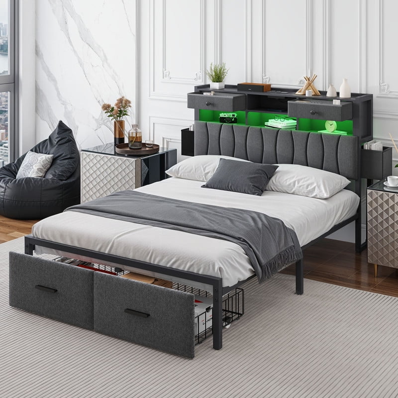 Uforic Full Upholstered Bed Frame with Charging Station, LED Platform Bed with Storage Drawers, Gray