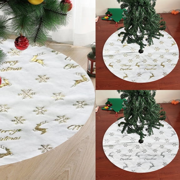 Christmas Decorations Soft Plush Christmas Tree Skirt Elegant White & Gold Tree Base Mat - Sequin Snowflake & Reindeer Design Thick Velvet Rugs for a Winter Wonderland Holiday Home Decor
