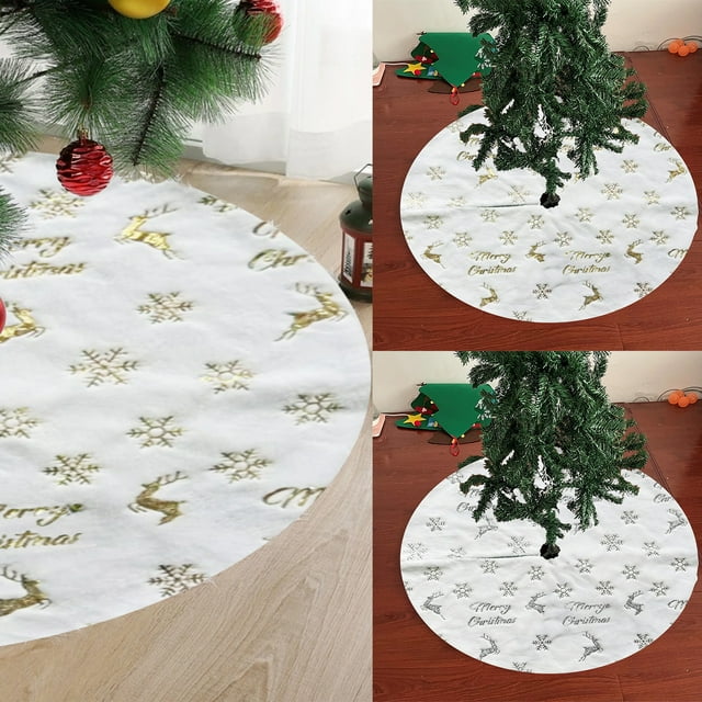 Sentmoon Christmas Tree Skirts Plushs Christmas Tree Skirt Hot Stamping Elks Snowflake Christmas Tree Skirt Sequin Print Christmas Tree Decoration Suitable for Christmas